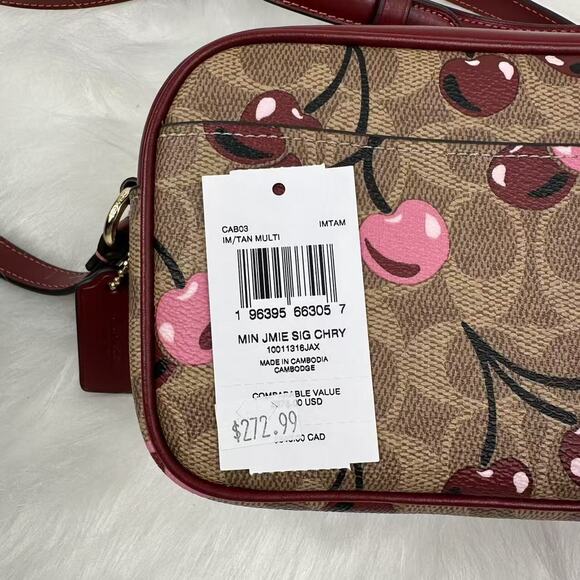 Coach Mini Jamie Camera Bag In Signature Canvas With Cherry Print CAB03 Tan NWT - Picture 5 of 9